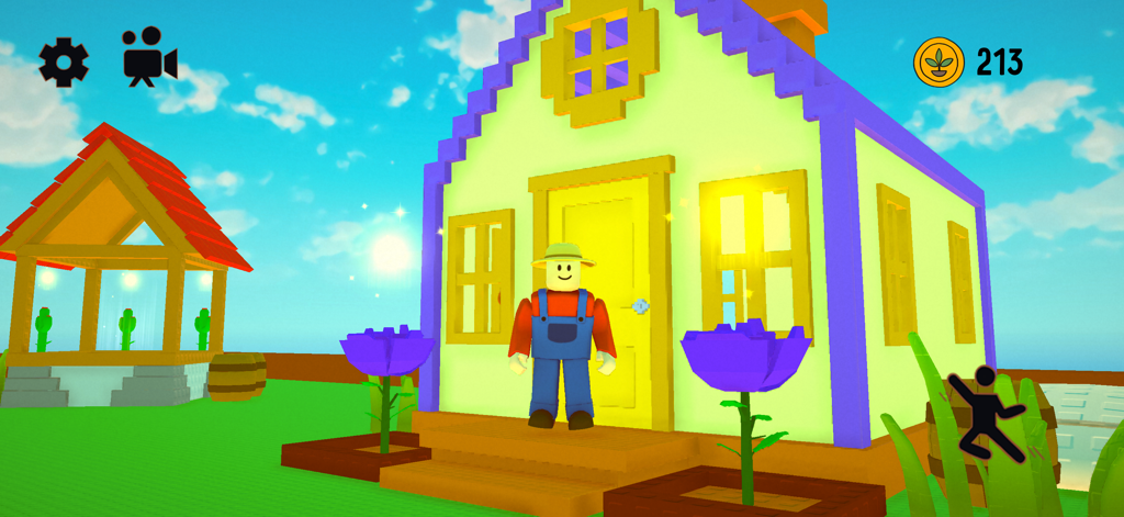 Farm 3D — Garden Game - Un personnage fermier 3D debout devant un cottage coloré dans un jeu de simulateur de jardin.