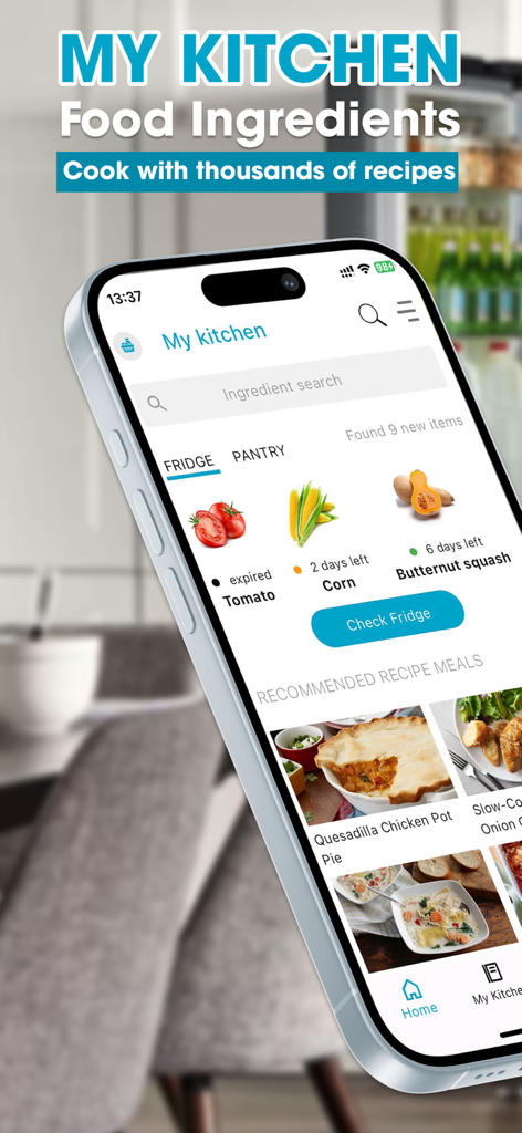 Mobile app interface for tracking kitchen ingredients and finding recipes based on what is in the fridge.
