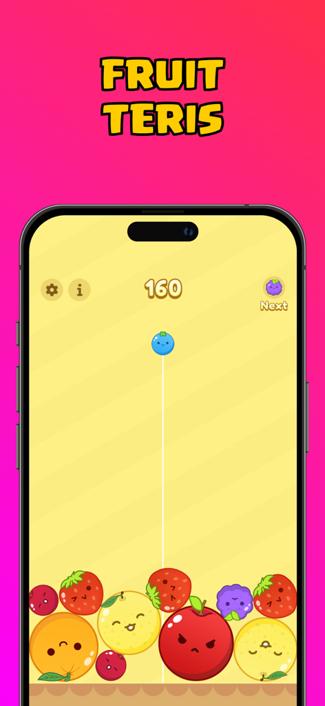 Mini Games - Game Pack - Gameplay screenshot of the Fruit Teris puzzle game featuring cute animated fruit characters