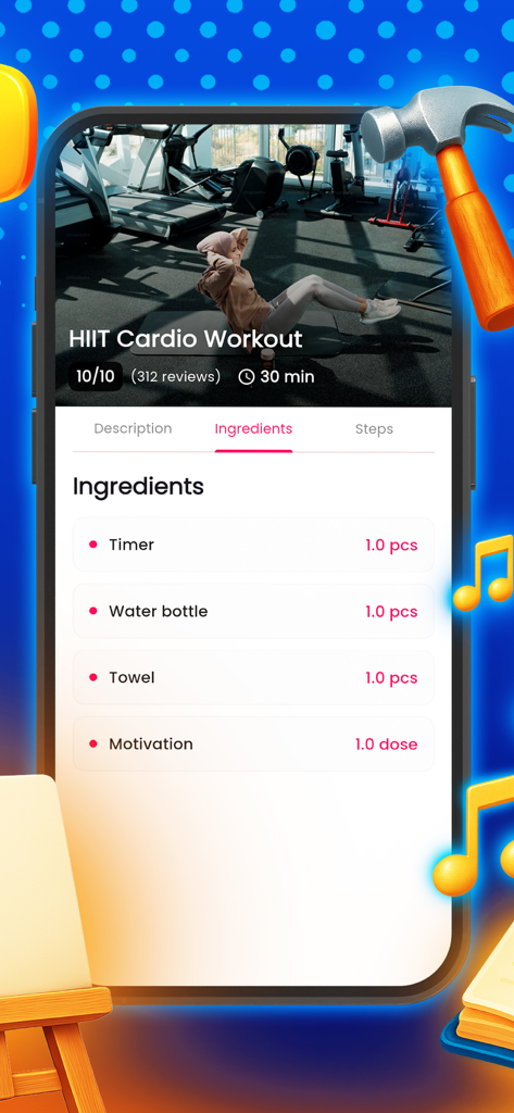 A smartphone screen from Recipy Maker showing a HIIT cardio workout guide with a list of required items
