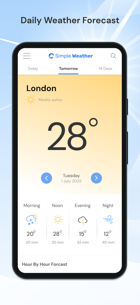 Simple Weather Info - Interface de l'application Simple Weather montrant les prévisions quotidiennes pour Londres avec la température et les détails horaires