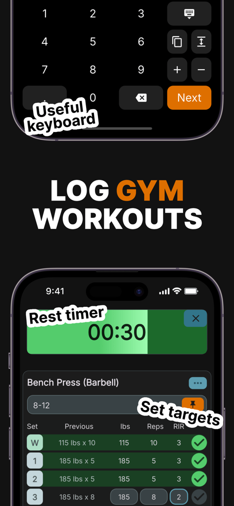 Gym log - Strive - Gym log Strive app screenshot showing workout logging and rest timer features