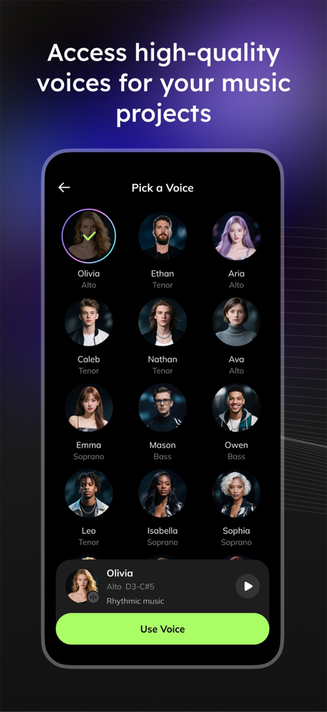 Vocal Remover - Musiclab - 「声を選択」というタイトルのモバイルアプリインターフェース。音楽プロジェクト用にアルト、テナー、ソプラノなどの説明を持つさまざまなAIボーカリストを表示