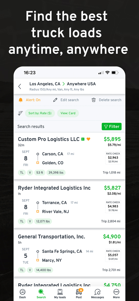 123Loadboardアプリの検索結果インターフェース。トラック運転手向けの料金とルート情報が表示された貨物リストが表示されています。