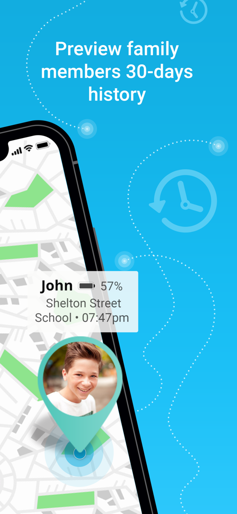 Family Locator & GPS Tracker - Family Locator app showing a child's location on a map with 30 day history preview