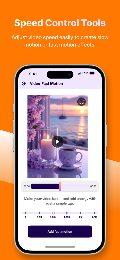 Flexclip - Video Editor - Interfaz del editor de vídeo Flexclip mostrando herramientas de control de velocidad para crear efectos de cámara rápida