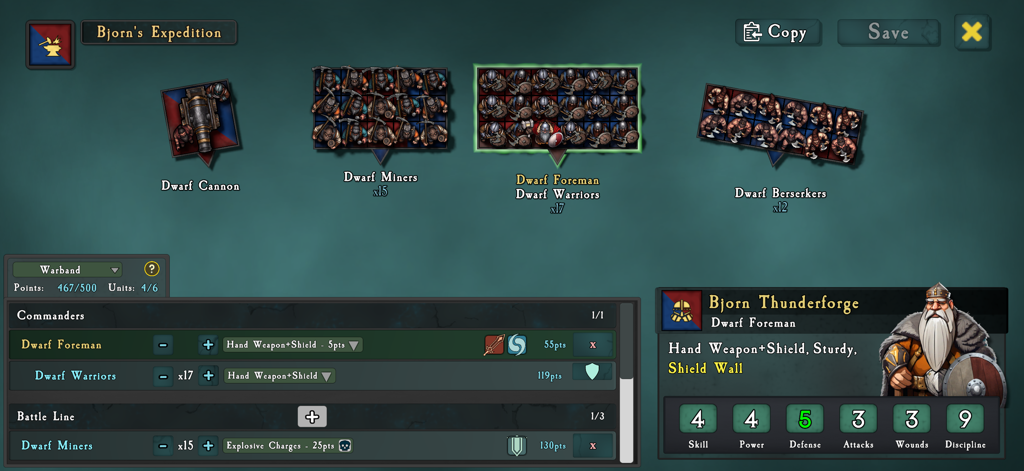 SOVL: Fantasy Warfare - The army builder interface in SOVL Fantasy Warfare showing a Dwarf warband and unit stats