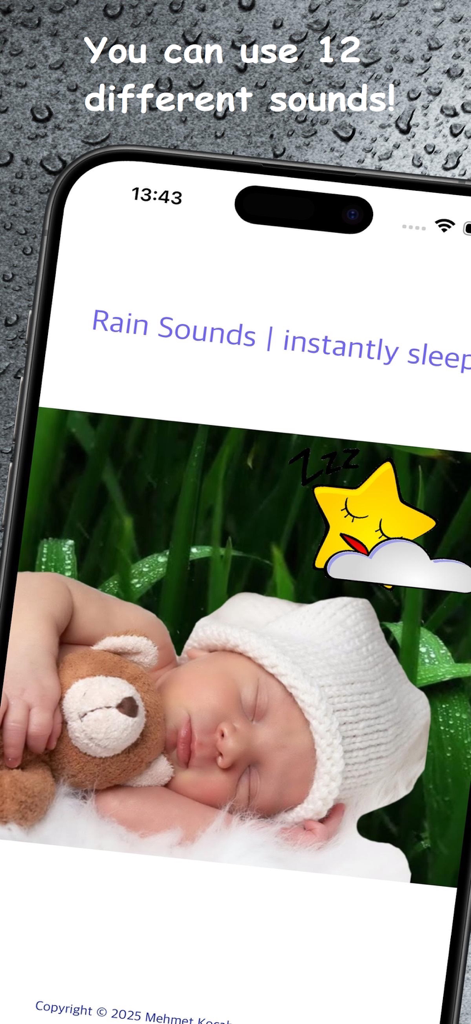 Rain Sounds | instantly sleep - Bebé durmiendo con un osito de peluche y una ilustración de estrella somnolienta en la interfaz de una aplicación de sonidos de lluvia
