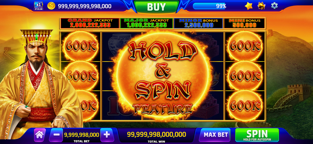 X Slots - Casino Games - X Slots game interface featuring a Chinese emperor theme and the Hold and Spin bonus feature