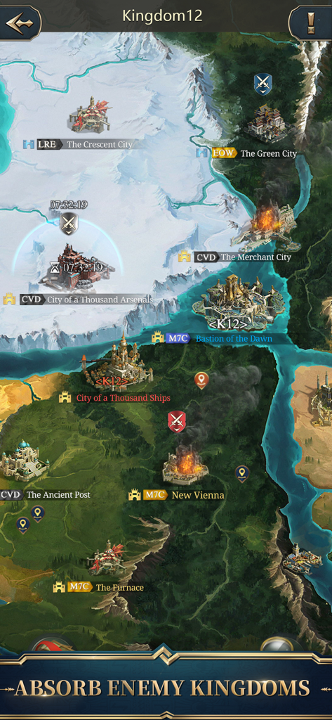 Strategic world map in War Eternal showing various cities and territories to absorb in a kingdom war