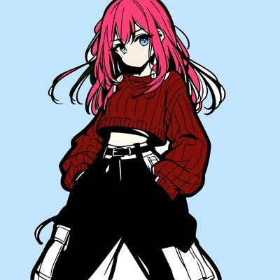 anime teen girl with baggy pants and crop top with sweater