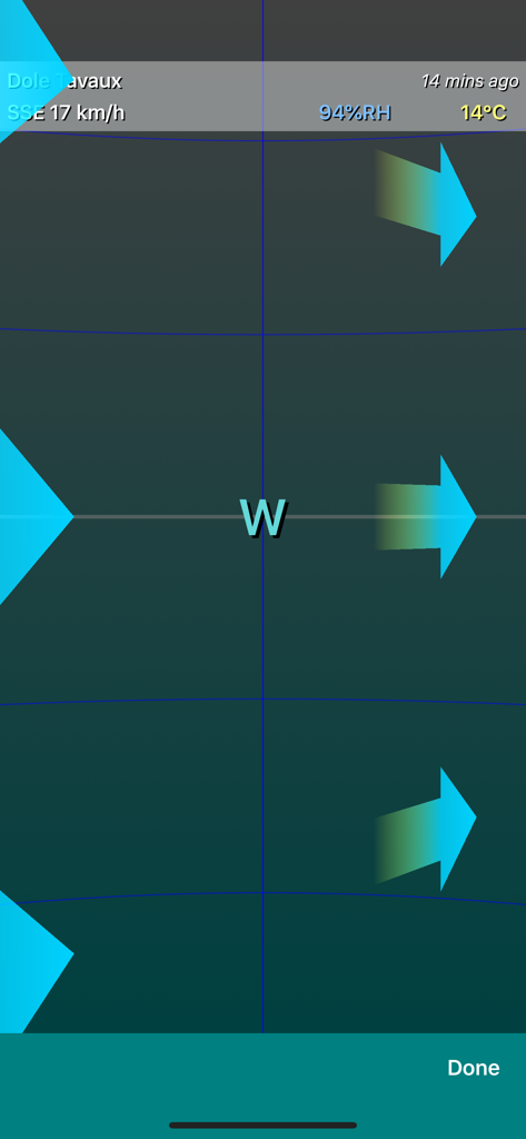 Wind Seeker - Augmented reality interface of Wind Seeker app showing animated wind direction arrows and weather data.
