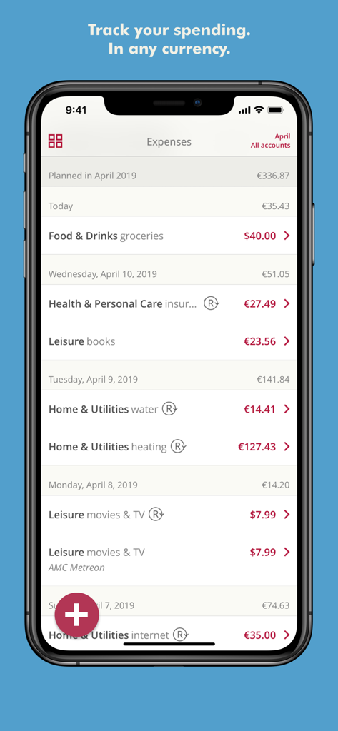 Toshl Finance - Best Budget - Toshl Finance app interface showing a list of expenses tracked in multiple currencies including dollars and euros