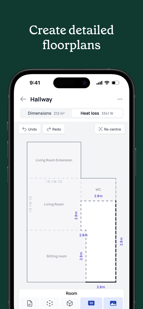 A detailed floor plan layout within the Spruce Energy mobile app showing room dimensions and heat loss data for HVAC contractors.