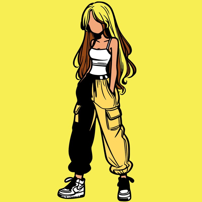 girl in baggy pants crop top and long hair