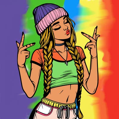 realistic teenage girl with braids and a beanie and crop top doing 🫶🏼
