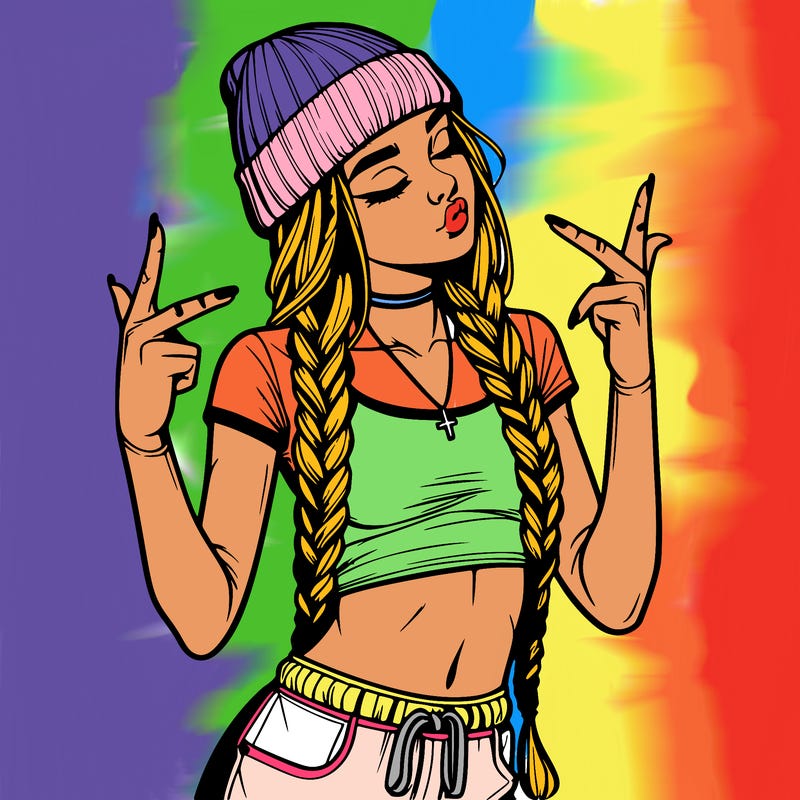 realistic teenage girl with braids and a beanie and crop top doing 🫶🏼