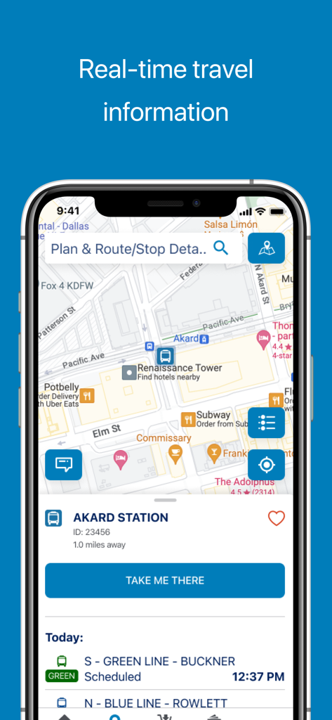 GoPass - Application mobile GoPass montrant la carte des trajets en temps réel et les horaires des trains pour la station Akard.