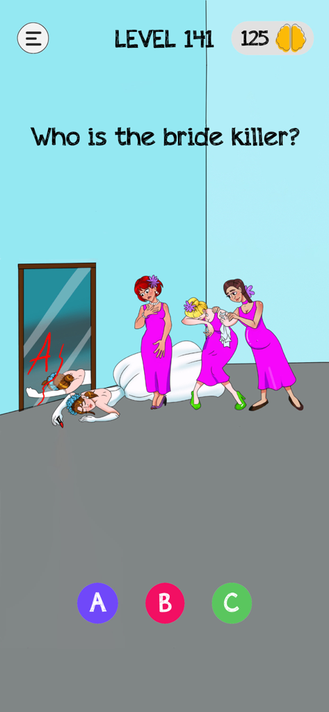 Captura de pantalla del juego Braindom mostrando un nivel de puzzle de misterio de asesinato preguntando quién es el asesino de la novia con tres sospechosas damas de honor.