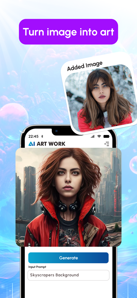 GenAI - AI Art Generator - Aplicativo gerador de arte IA transformando um retrato em uma obra de arte digital futurista