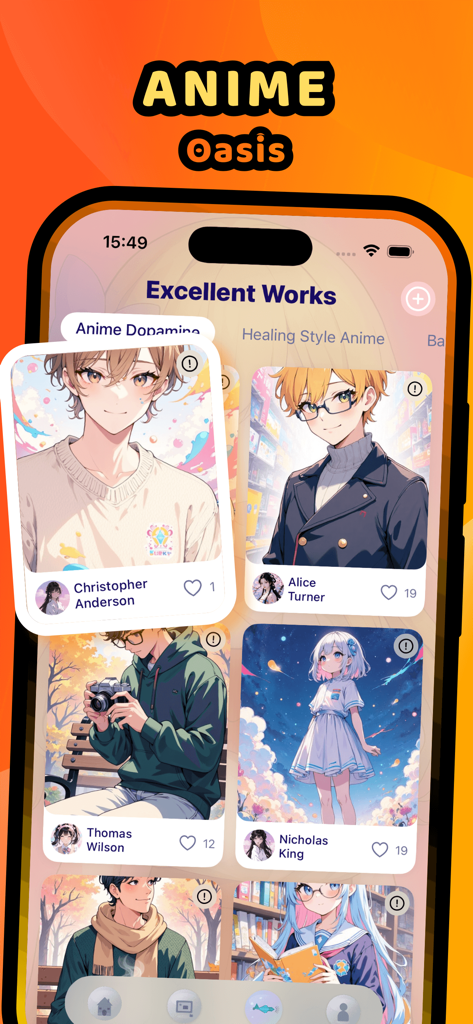 Uma tela de aplicativo móvel mostrando uma galeria de personagens de anime gerados por IA intitulada Anime Oasis