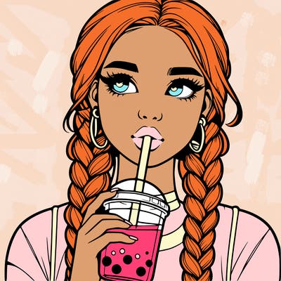 realistic girl with braided hair drinking boba