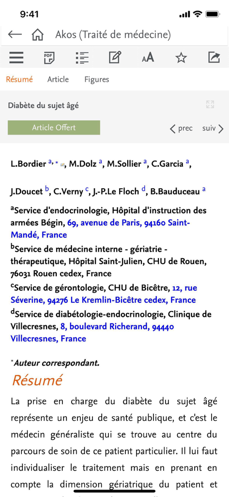 EMC mobile - Interface of the EMC mobile app showing a medical article abstract on diabetes