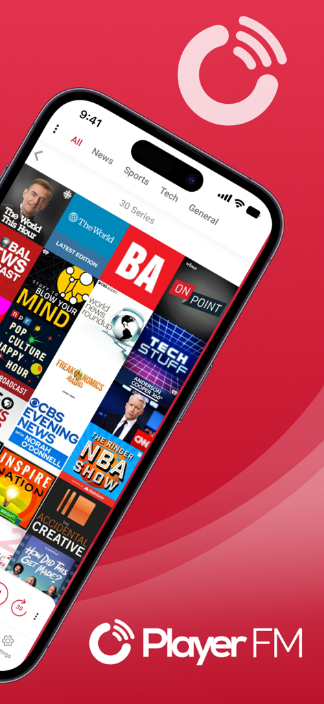 Smartphone displaying the Player FM app interface with a grid of diverse podcast covers and category tabs like News and Tech
