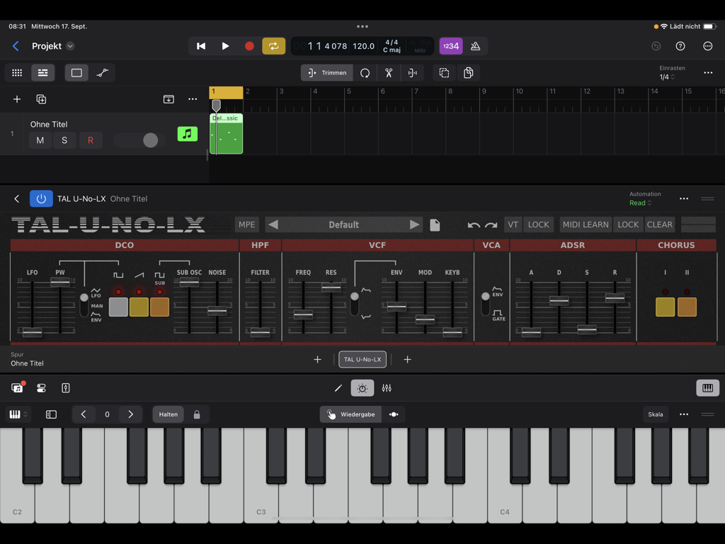 TAL-U-NO-LX analog synthesizer emulator interface running on an iPad DAW