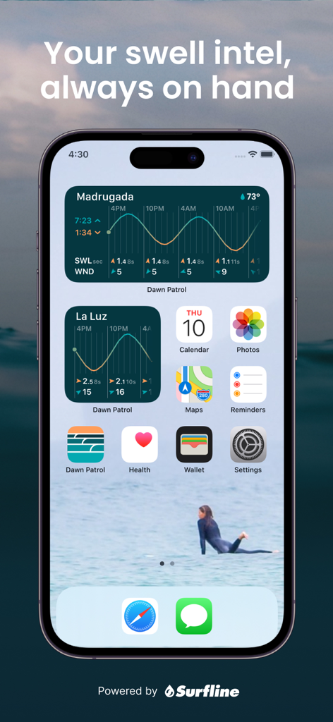 Dawn Patrol Surf, Wave Tracker - iPhone home screen displaying Dawn Patrol swell and tide forecast widgets powered by Surfline