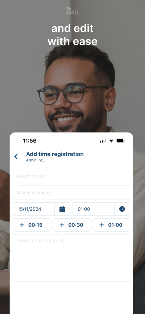 Mobile app interface for adding and editing time registration entries in Billit Expenses