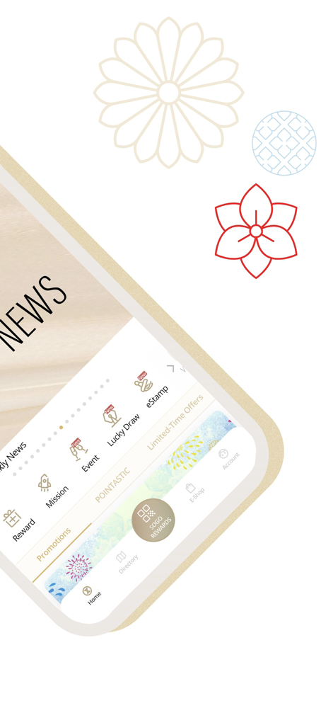 SOGO Rewards - SOGO Rewards mobile app interface displaying lifestyle rewards and shopping promotions with elegant Japanese floral graphics
