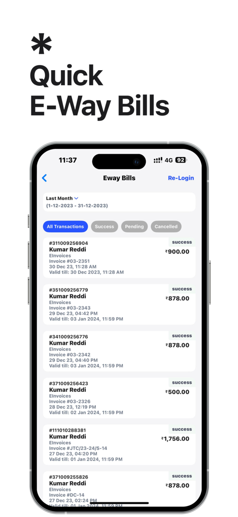 Swipe - Invoicing and Payments - Pantalla de la aplicación móvil Swipe que muestra una lista de facturas E-Way rápidas con detalles de transacción y estado.