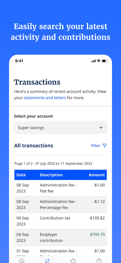 Australian Retirement Trust - Transaction history screen in the Australian Retirement Trust app showing recent account activity and employer contributions