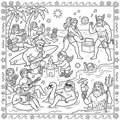 Join an assembly of legendary mythological heroes as they trade their quests for a fun-filled summer beach vacation. This unique coloring page captures gods and warriors enjoying the sun, sand, and sea, offering a delightful scene to bring to life with your favorite colors.