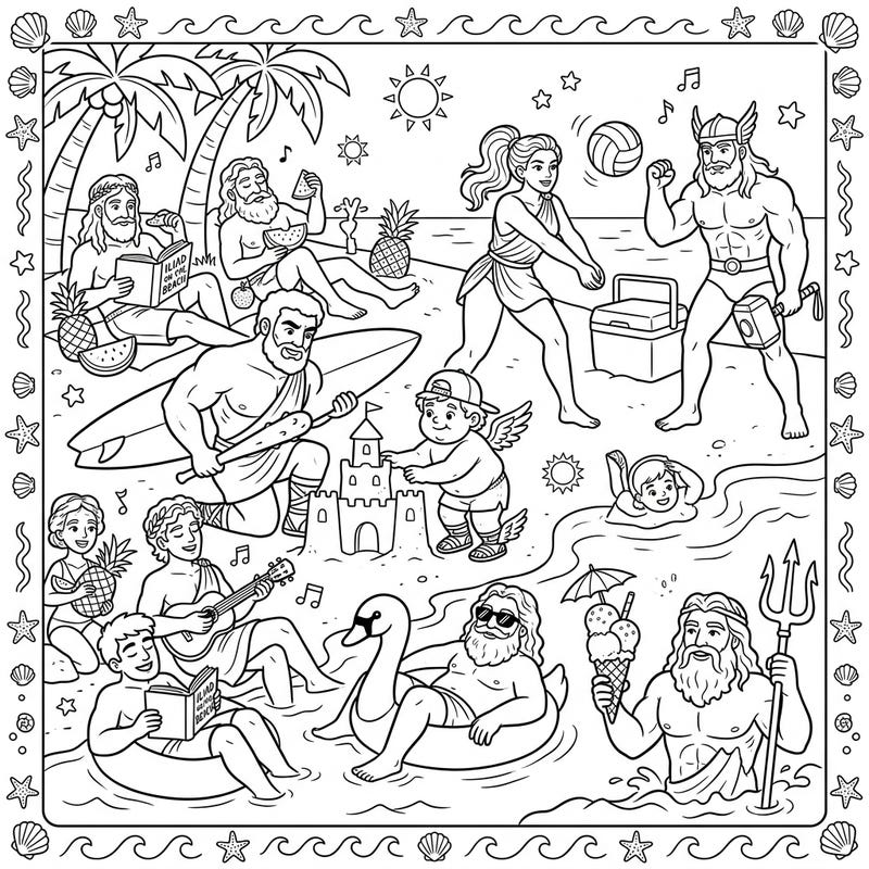 Join an assembly of legendary mythological heroes as they trade their quests for a fun-filled summer beach vacation. This unique coloring page captures gods and warriors enjoying the sun, sand, and sea, offering a delightful scene to bring to life with your favorite colors.