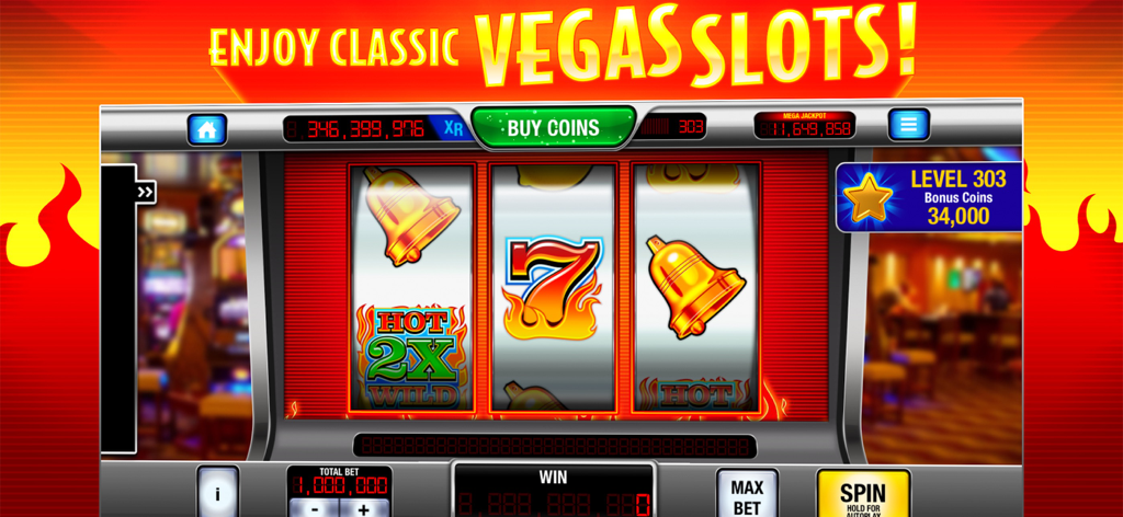 Xtreme Vegas 777 Classic Slots gameplay showing a classic 3-reel machine with golden bells and fiery 7 symbols.