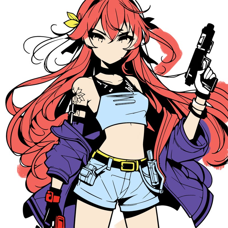 bad girl wearing crop top holding a gun long hair anime