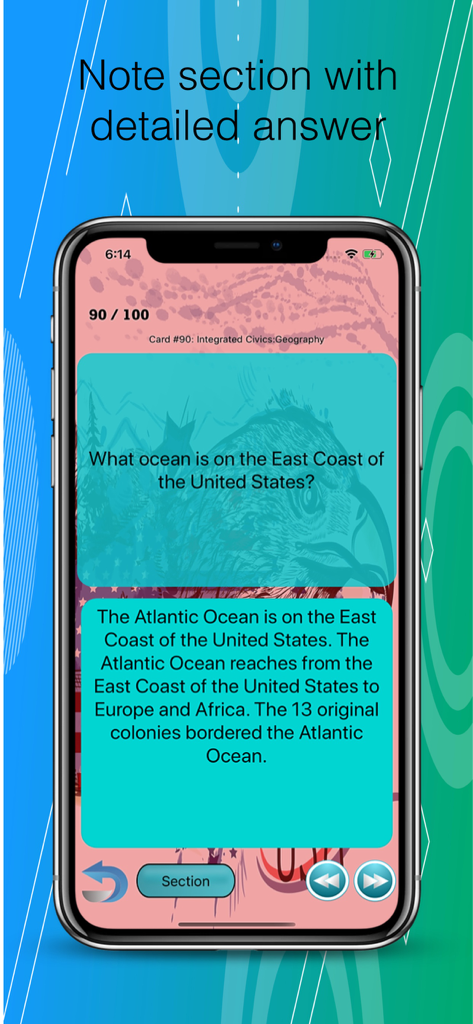 USA Citizenship Test 2026 - USA Citizenship Testアプリで、地理の問題に関する詳細な回答ノート付きの学習カード。