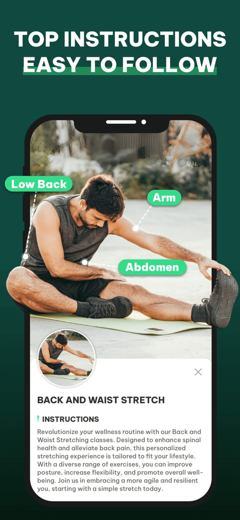 JustStretch | Flex & Mobility - Interfaz de la aplicación móvil que muestra a un hombre demostrando un estiramiento de espalda y cintura con áreas objetivo etiquetadas.