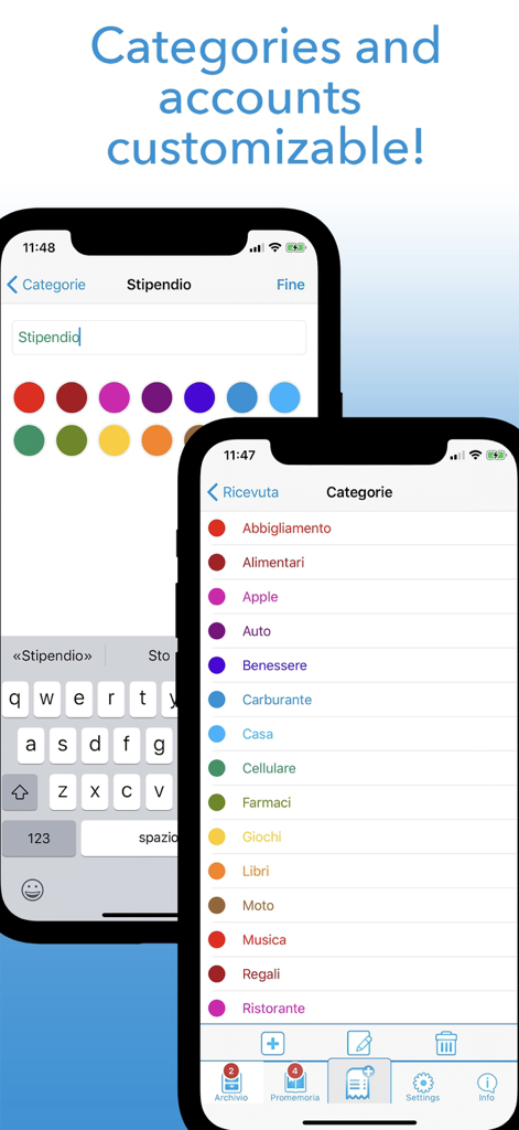 A screenshot of the aBill app showing customizable expense categories with color icons.