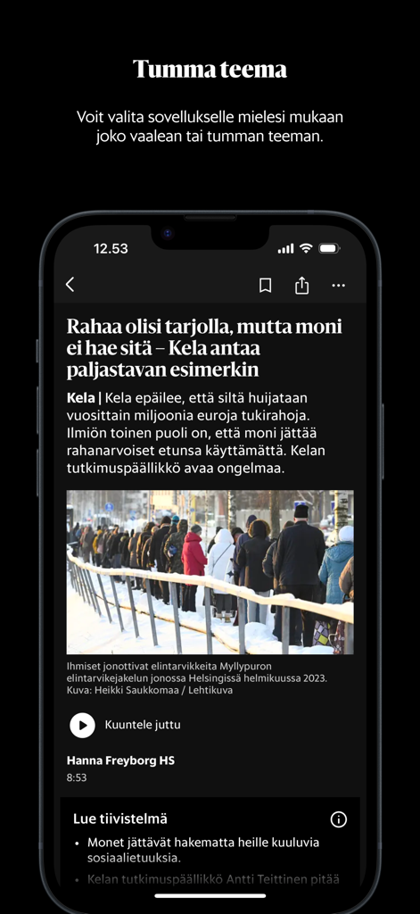 HS – Helsingin Sanomat - HS Helsingin Sanomat news app interface showing a news article in dark mode