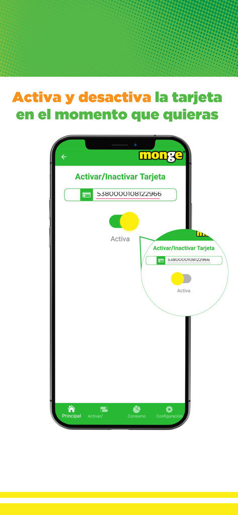 Tarjetas Monge - Pantalla de smartphone que muestra la función de activación y desactivación de tarjetas de Tarjetas Monge