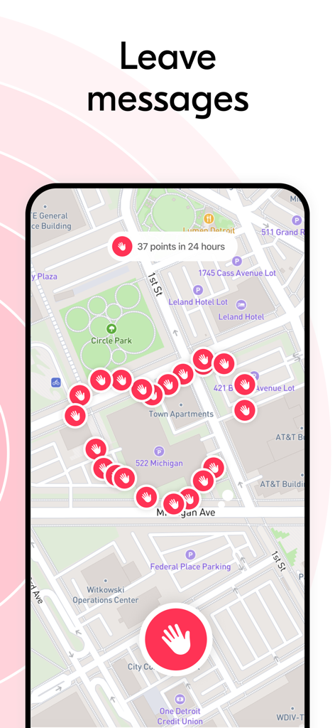Teem app interface showing a heart shape made of red location markers on a city map with the text Leave messages