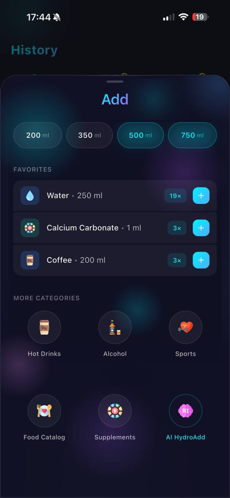 Interface of the Hydro Balance app showing the screen to add beverages like water, coffee, and supplements with volume selection.