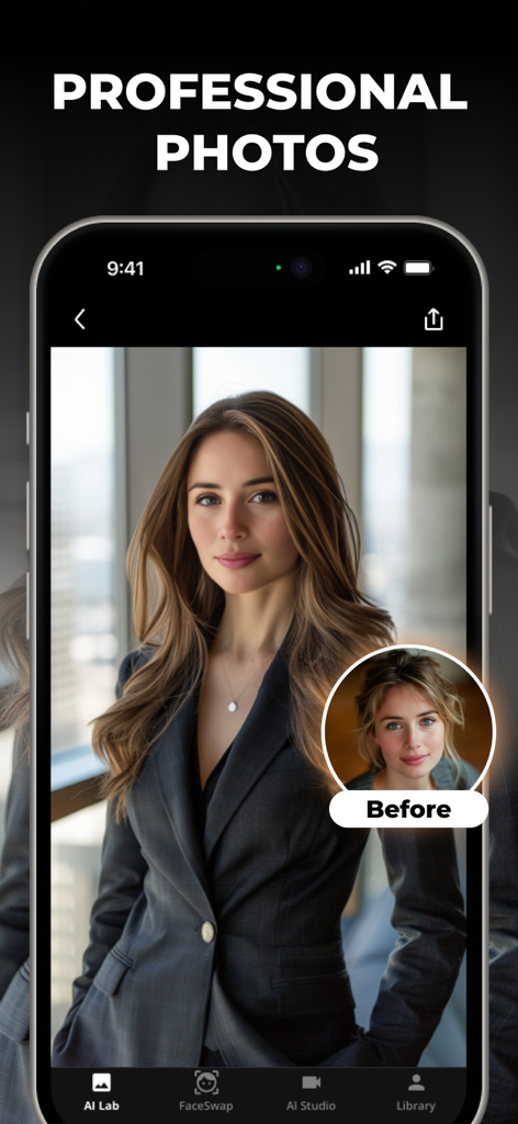 FaceAI - AI Photos & Face Swap - AI generated professional headshot of a woman in a suit using FaceAI app