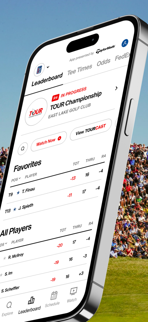 PGA TOUR - Aplicación PGA TOUR en un iPhone que muestra la tabla de clasificación de golf en vivo y los resultados del torneo