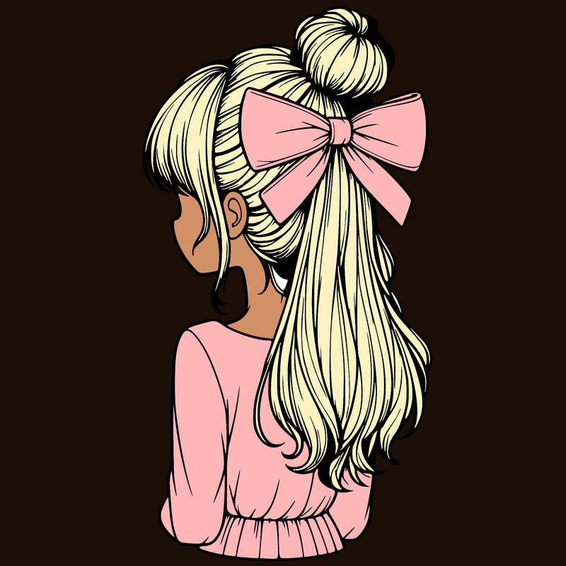 realistic girl  with hip length hair a bun and a big bow on the back of head