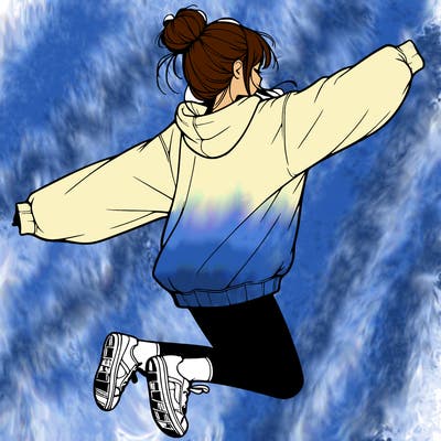 realistic girl jumping with a bun and oversized sweatshirt