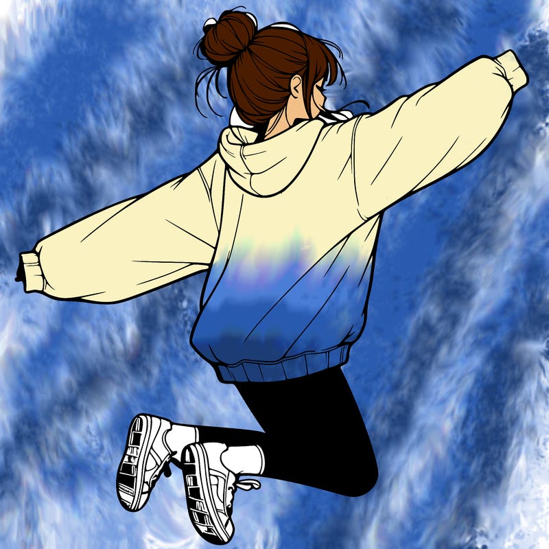 realistic girl jumping with a bun and oversized sweatshirt